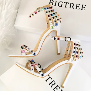 Europe and the United States Roman style banquet women's shoes with stiletto ultra-high heels hollow word with color matching color rhinestone rivet sandals – Image 5