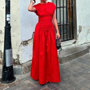 Cross-border 2024 autumn new European and American women's fashion temperament, shirred large skirt, short sleeve, high-waisted slim dress – Image 4