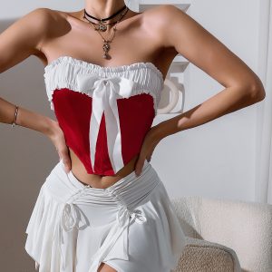 European and American cross-border foreign trade street splicing contrasting bow babes bandeau backless fishbone small vest female 70056 – Image 3