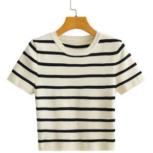 Foreign trade 2024 summer new women's clothing European and American style short ice silk stripe knit short sleeve T-shirt top women – Image 3