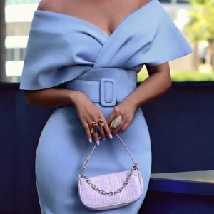Sexy women party blue dress with a straight shoulder – Image 4
