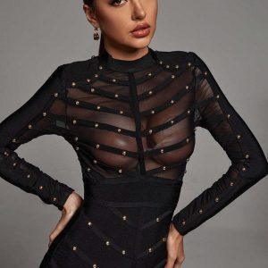 Cross-border e-commerce, European and American foreign trade, women's clothing, heavy industry, nailing, see-through mesh, long-sleeved dresses, bandage dresses, and popular models – Image 4