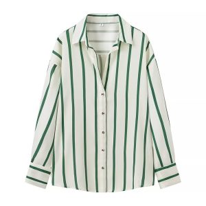 ZR Foreign Trade Wholesale European and American Style Women's Clothing Fashionable and versatile lapel loose casual long-sleeved striped shirt top – Image 5