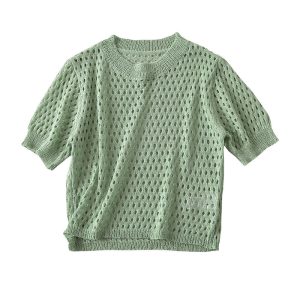 AliExpress Foreign Trade 2023 Summer New European and American Style Candy Color Short Cutout Knit T-Shirt Women – Image 5