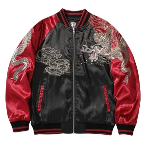 Spring and autumn dragon phoenix yokosuka embroidery jacket jacket jacket male and female couple baseball uniform contrast Chinese style national tide embroidery – Image 5