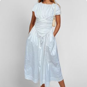 Cross-border 2024 autumn new European and American women's fashion temperament, shirred large skirt, short sleeve, high-waisted slim dress – Image 3