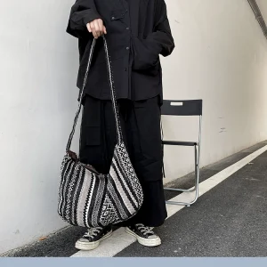 Retro Ethnic Style Striped Messenger Bag Large Capacity Female Dark Large Satchel Bag Tide Brand Couple Japanese Canvas Bag Female Cool – Image 5