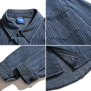 BMOB American retro striped denim shirt men's fashion brand Japanese casual ins handsome cargo coat shirt tide – Image 3