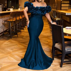 Plus size Party Dress Women Slim Ruffles Solid Maxi Dress – Image 5