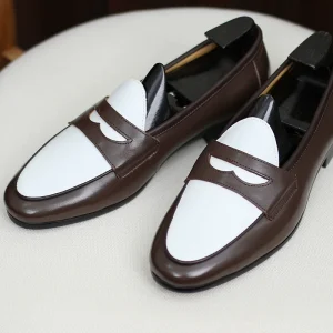 IsirHonour British Italian Champagne Loafers, White Coffee Color-Blocking, Slip-on Slip-ons, Toe Leather Men's Shoes – Image 3