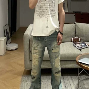 American high street retro ripped jeans men's washed high quality splash ink tie-dye stacked pants vibe tide – Image 5