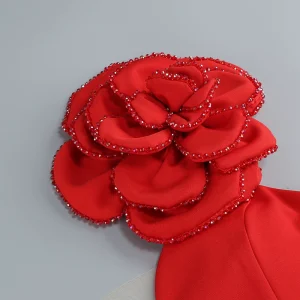 2024 New Red Single Shoulder Flower Diamond Trim Midi Casual Dress Goddess Fan Wedding Catwalk Evening Dress – Image 8