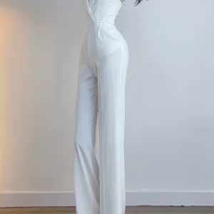 Retro luxury, wrap chest, bubble beads, high-waisted white jumpsuit, straight leg temperament, host evening dress, catwalk evening dress – Image 4