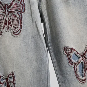 2024 autumn and winter new fashion hollow butterfly embroidered trousers torn worn, high-waisted thin wide-leg jeans women – Image 3