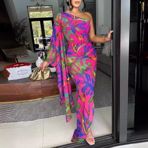 Women Elegant Floral Long Party Dress European and American slanted shoulder print slim dress – Image 4