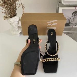 ZAR 2024 Spring New Arrivals Women's Shoes Square Toe Open Toe Strap High Heeled Sandals Iron Chain Buckle Hollow Heels – Image 3