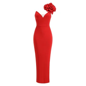 2024 New Red Single Shoulder Flower Diamond Trim Midi Casual Dress Goddess Fan Wedding Catwalk Evening Dress – Image 5