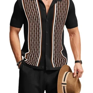 2024 European and American men's ice silk jacquard two-piece knit sweater, casual polo shirt suit, trendy men's suit – Image 3