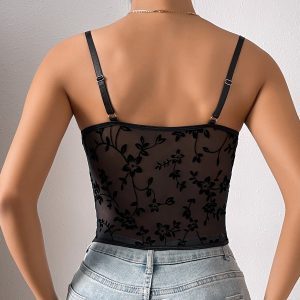 European and American cross-border women's hot girls low-cut see-through suspender splicing mesh herringbone tunic short top female 11056 – Image 3