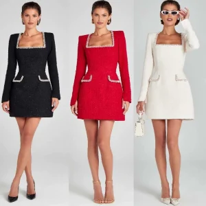 2024 European and American temperament slim and thin, U-neck, long-sleeved, beaded, small fragrance dress women