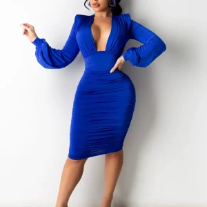 Sexy fashion white collar night night dress long sleeve v-neck dress – Image 4
