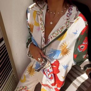 European and American cross-border fashion personality print macaron linen long-sleeved shirt set – Image 4