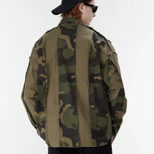 New Factor American National Trend Camouflage Stitched Long Sleeve Shirt Men's and Women's Loose Casual Contrast Raw Cardigan Top – Image 3