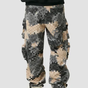 Procity trendy brand pixel mosaic camouflage men's and women's street multi-pocket wide-leg unisex casual cargo pants – Image 4