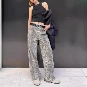 New American retro street straight wide-leg pants washed distressed leopard print jeans women's Jeans – Image 3