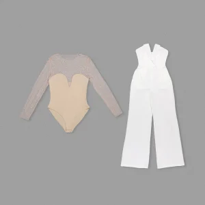 Retro luxury, wrap chest, bubble beads, high-waisted white jumpsuit, straight leg temperament, host evening dress, catwalk evening dress – Image 6