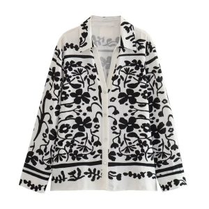 Foreign trade autumn 2023 new lapel long sleeve single-breasted printed linen shirt wide-leg pants set – Image 5