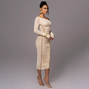 European and American new pure desire mesh slanted shoulders long sleeves bundle stitching pleated hip skirt long skirt pure desire hot girl dress – Image 4