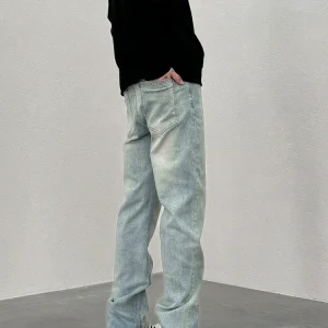 KISSNATE High Street VIBE Male and Female Couples Versatile Casual Straight Wash Blue Distressed Micro Stretch Jeans – Image 3