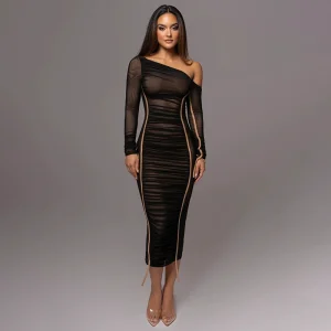 European and American new pure desire mesh slanted shoulders long sleeves bundle stitching pleated hip skirt long skirt pure desire hot girl dress – Image 5