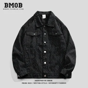 BMOB Spring and Autumn Zebra Stripe Cargo Denim Jacket Men's Ins Trendy Brand Loose Street Casual Luxury Jacket – Image 3
