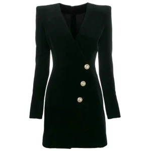 2024 Spring and Autumn New Fashion Solid Color V-Neck Long Sleeve Metal Button Warm Velvet Slim Fit Dress Dress – Image 4