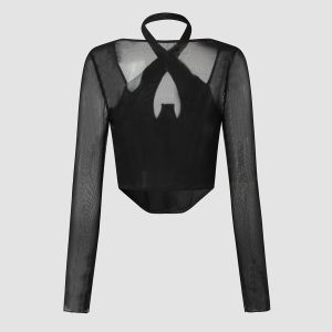 Cross-border European and American style babes cross halterneck low cut see-through long sleeve t-shirt underwire fishbone tunic L0051 – Image 3
