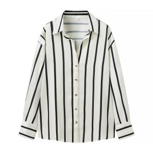 ZR Foreign Trade Wholesale European and American Style Women's Clothing Fashionable and versatile lapel loose casual long-sleeved striped shirt top – Image 6