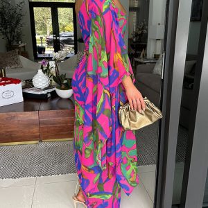 Women Elegant Floral Long Party Dress European and American slanted shoulder print slim dress – Image 3