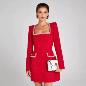 2024 European and American temperament slim and thin, U-neck, long-sleeved, beaded, small fragrance dress women – Image 3