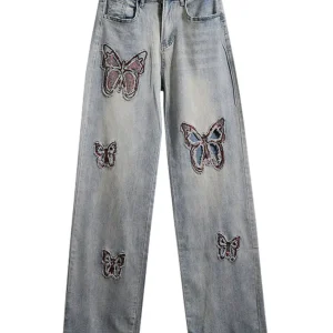 2024 autumn and winter new fashion hollow butterfly embroidered trousers torn worn, high-waisted thin wide-leg jeans women – Image 5