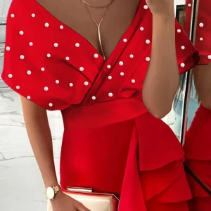 Ruffle Dress Red Dress European and American Deep V Sleeveless Waist Ruffle Dress Red Dress – Image 4