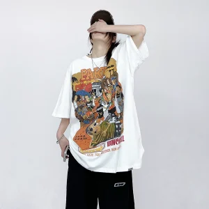 Shuji's niche design sense trendy brand American retro cartoon print short-sleeved T-shirt for men and women summer new hip-hop trend – Image 4