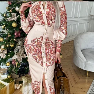 Elegant dress catwalk, court-style print, temperament, shirt collar, feminine maxi dress – Image 3