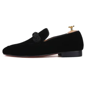 Handmade black velvet men's velvet loafers, hoop rope decoration, European and American style slip-on smoking shoes, loafers – Image 3