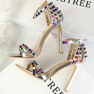 Europe and the United States Roman style banquet women's shoes with stiletto ultra-high heels hollow word with color matching color rhinestone rivet sandals – Image 4