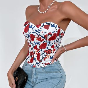 Cross-border sexy babes low cut backless flowers wrapped breasts diamond fishbone corset European and American small vest L0033 – Image 5