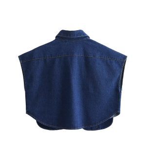 Fashion trend, new women's clothing, European and American style, cross-border lapels, short sleeves, short high street denim shirts, tops, women's – Image 6