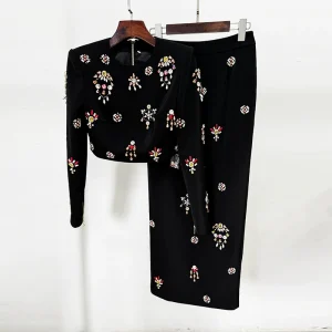 2024 European and American star fashion new heavy industry beaded and diamond crop top long skirt set two-piece set – Image 3
