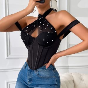 Cross-border European and American babes pearl mesh wrap chest underwire fishbone halterneck suspender waist diamond small vest 70124 – Image 3